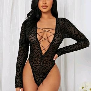 Leopard mesh plunging teddy bodysuit lace up